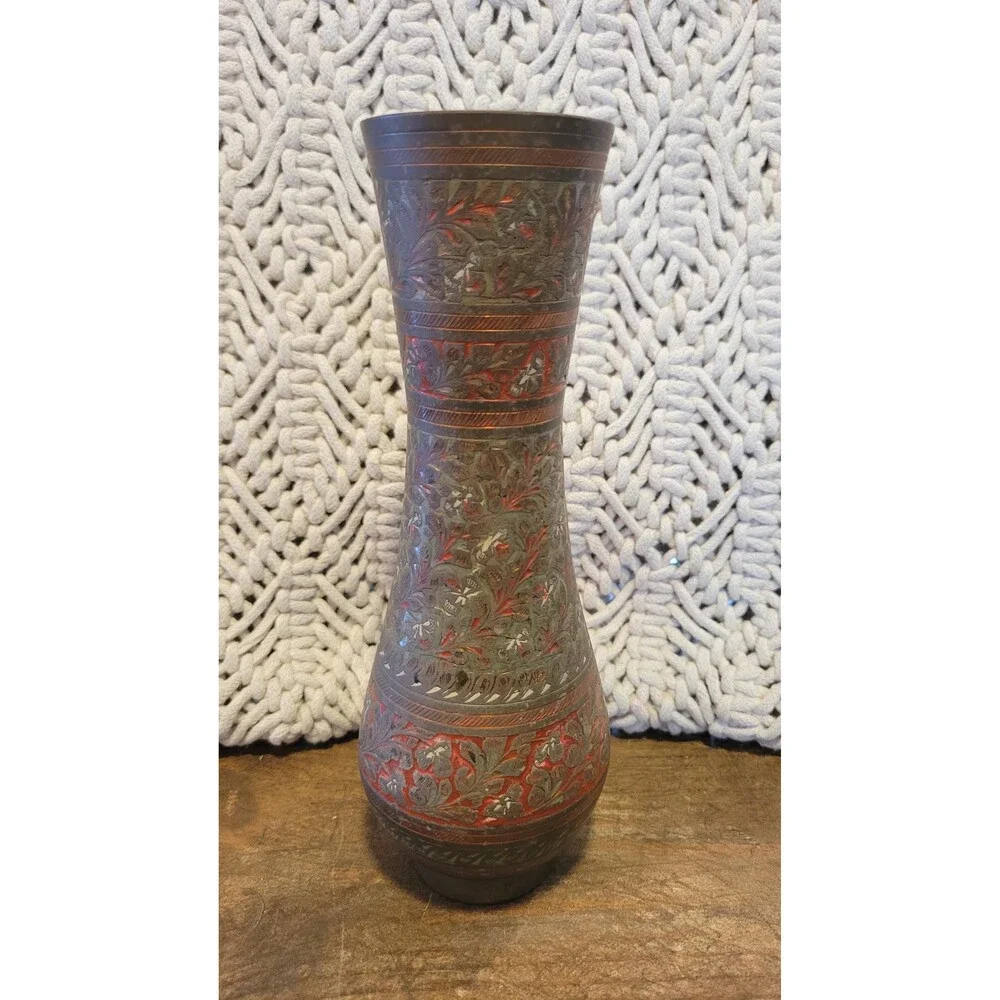 Solid Brass Red & White Enameled Vase - Made in India - 9